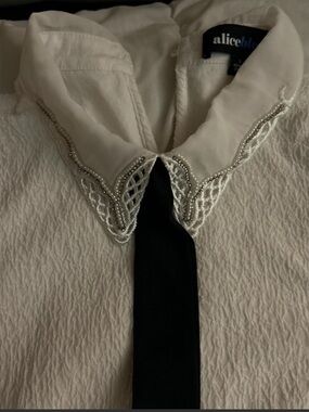 Alice blue White Shirt with Embellished Collar and Black Placket